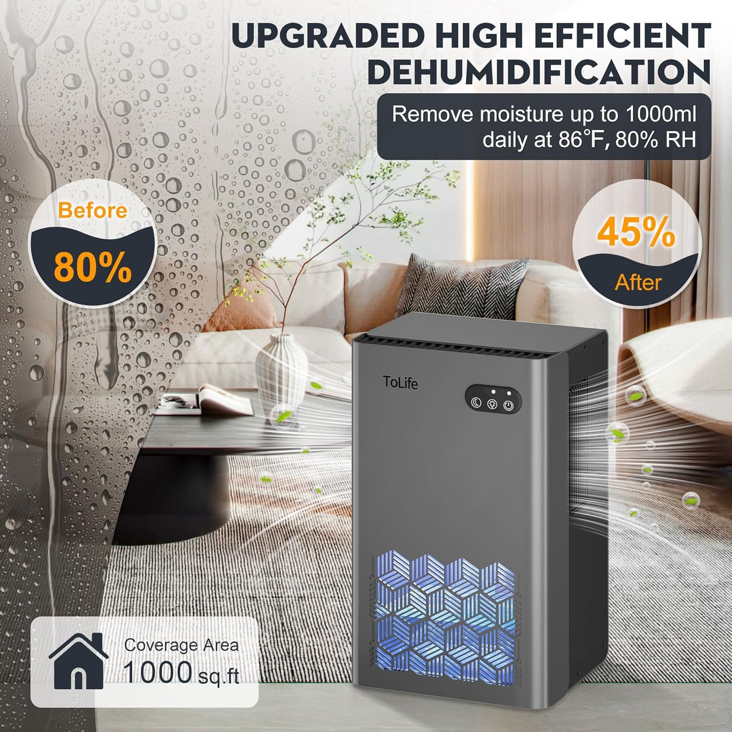 ToLife Dehumidifier for Home 95 OZ Water Tank, 1000 sq.ft Dehumidifiers for Base...