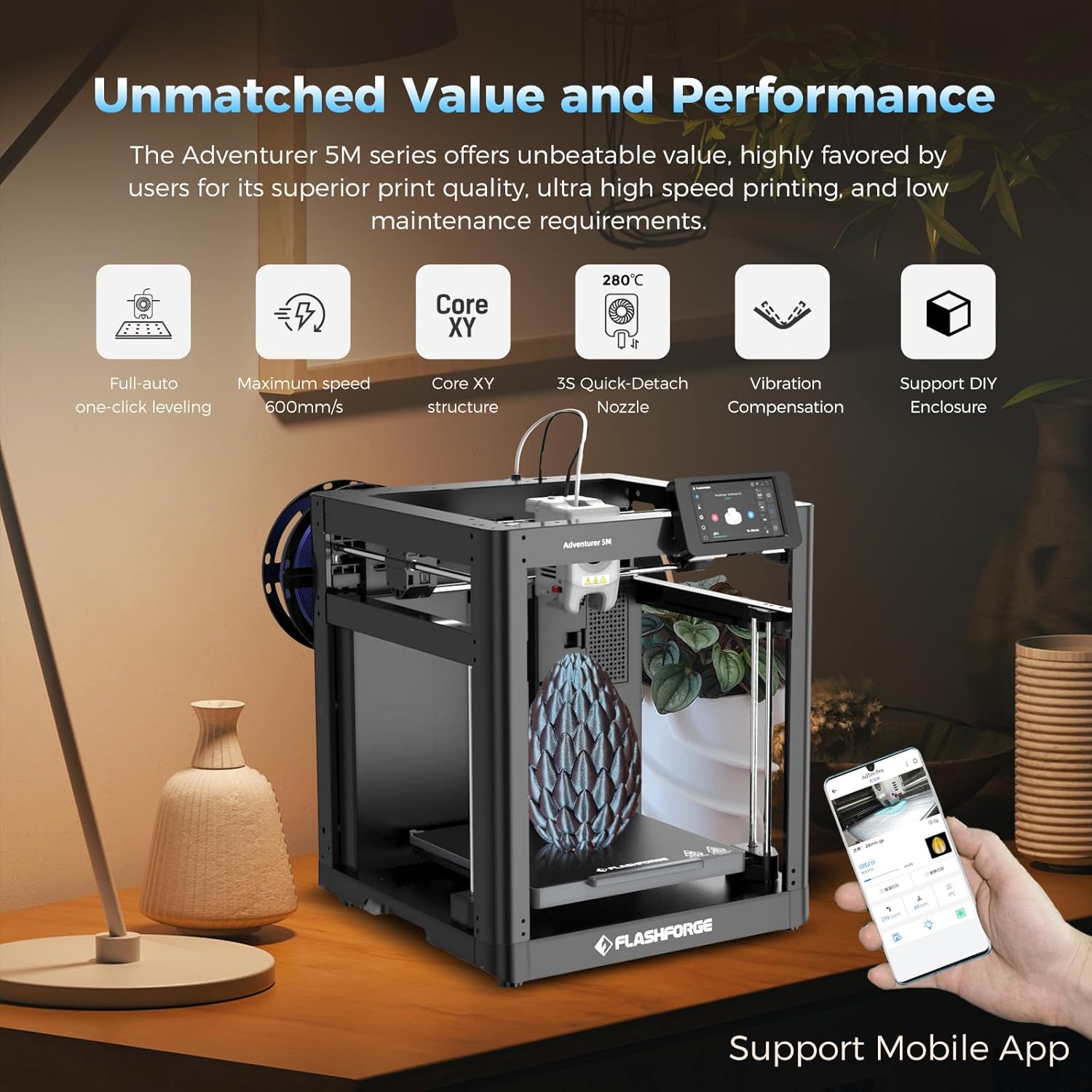 FLASHFORGE Adventurer 5M 3D Printer with Fully Auto Leveling, Max 600mm/s High S...