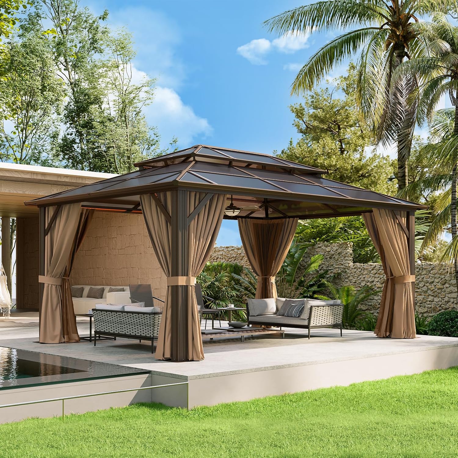 Aoxun 12'x16' Hardtop Gazebo, Aluminum Frame Permanent Pavilion with Curtains an...