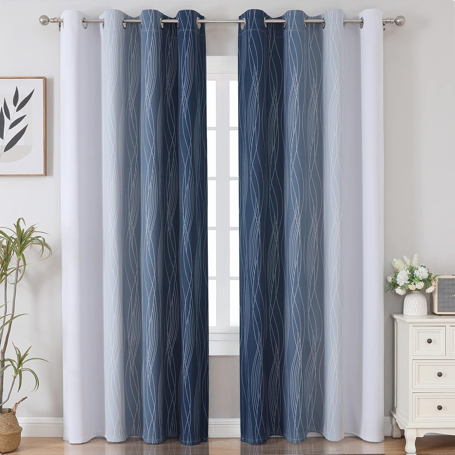 Estelar Textiler Navy Blue and Greyish White Blackout Curtains for Bedroom 84 In...