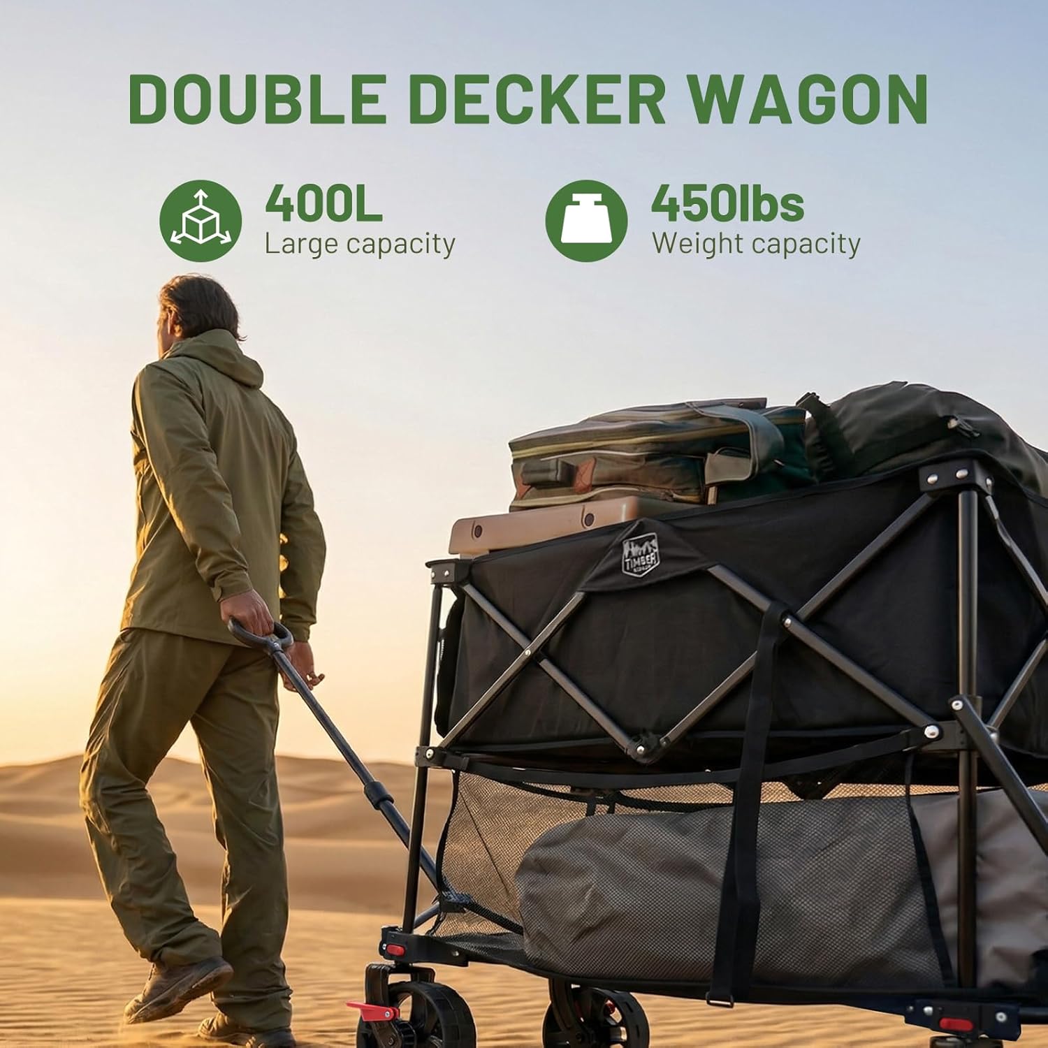 TIMBER RIDGE 400L, High-Capacity Folding Double Decker Wagon With Brakes, Durabl...
