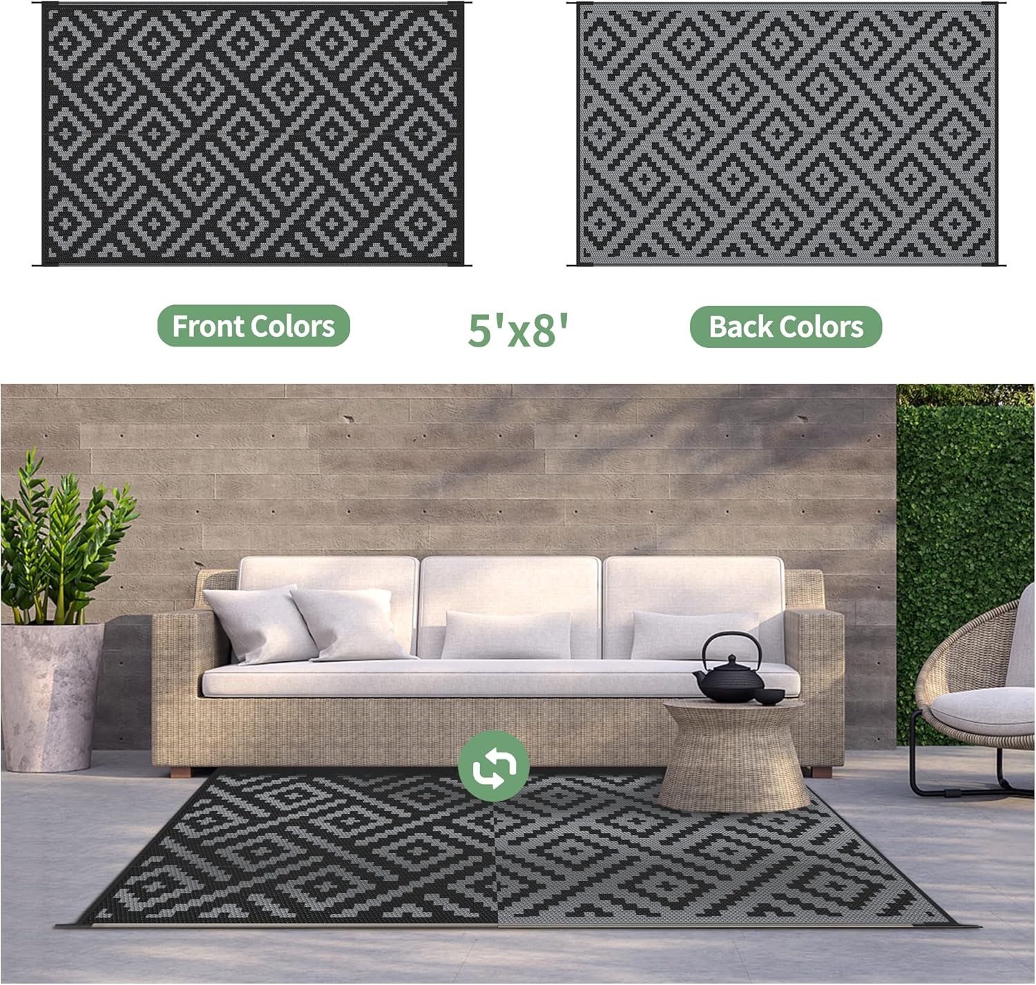 GENIMO Outdoor Rug for Patio Clearance,5'x8' Waterproof Mat,Reversible Plastic C...