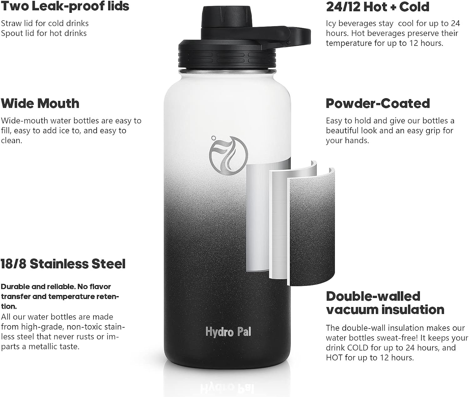 Premium HydroPal Stainless Steel Water Bottle, Special Vacuum Insulated Hydratio...