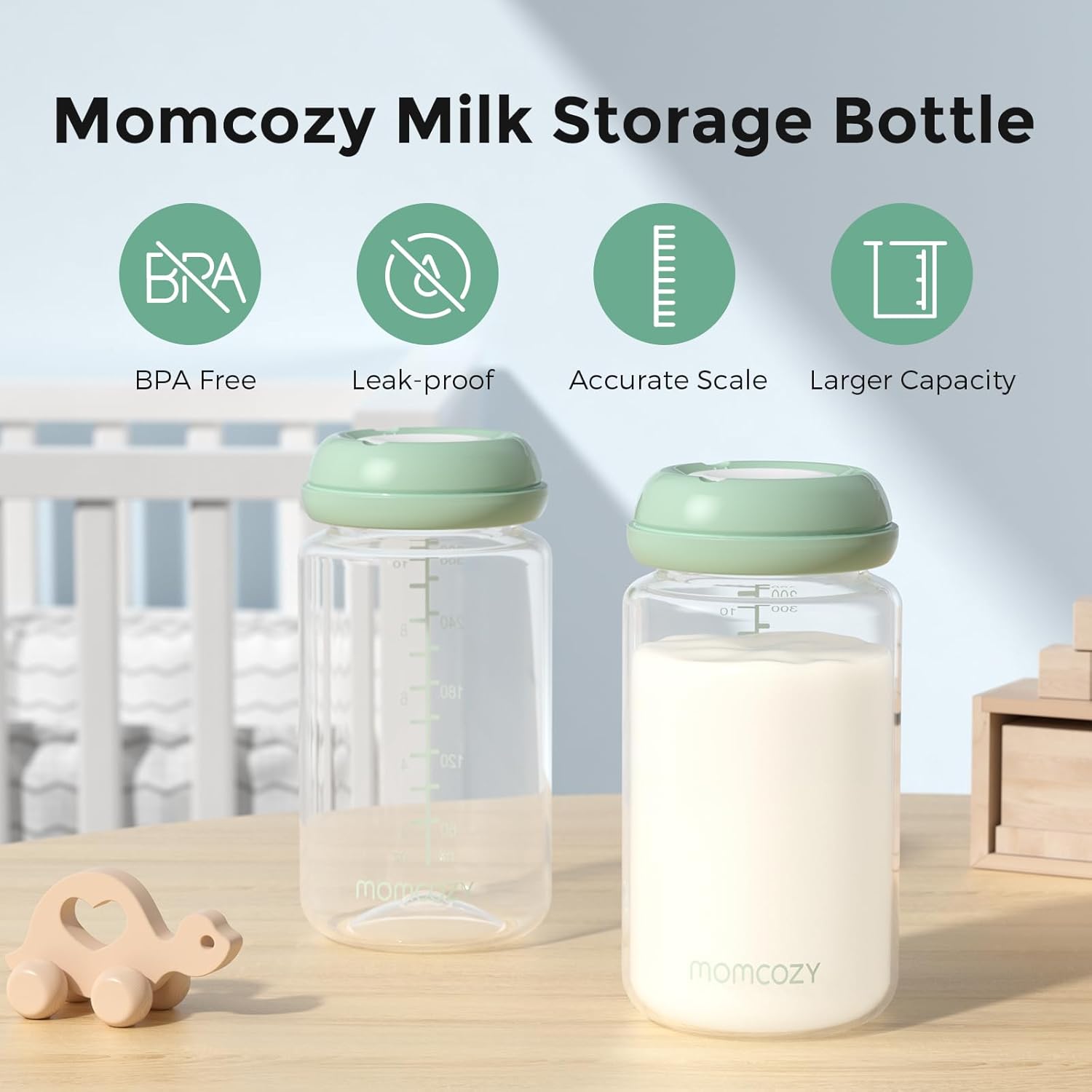 Momcozy Natural Baby Bottle, 300ml Wide-Neck Breast Milk Container, Breastmilk S...