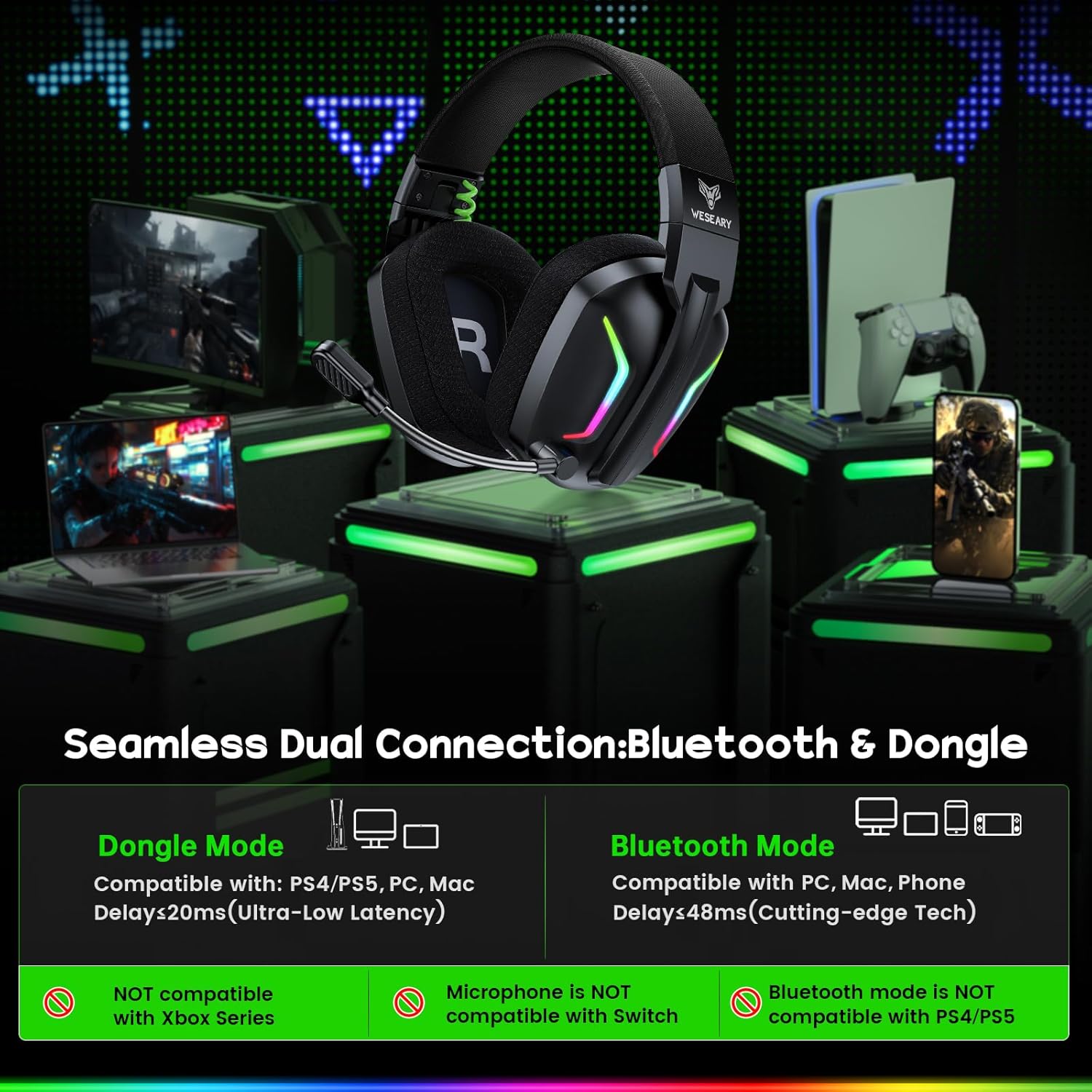 WESEARY Wireless Gaming Headset, Special Gaming Headset for PS5, PC, PS4, Switch