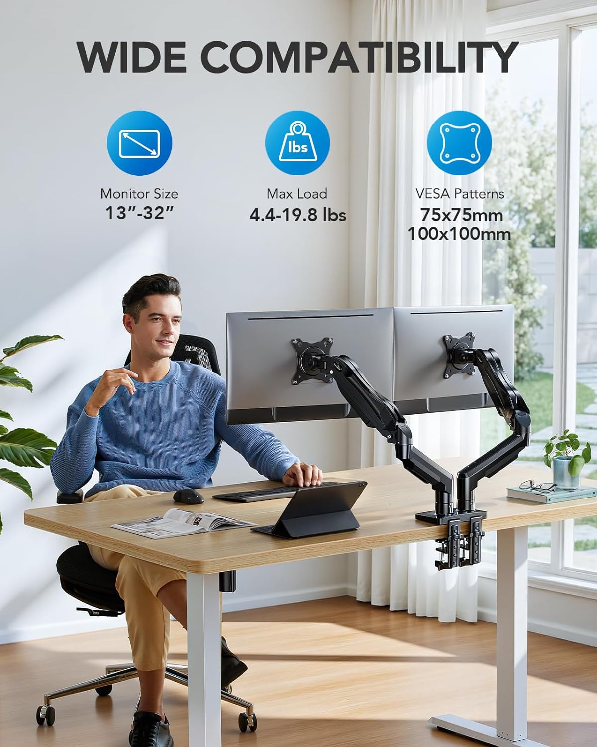 HUANUO FlowLift™ Dual Monitor Stand, Fully Adjustable Gaming Monitor Desk Mount...