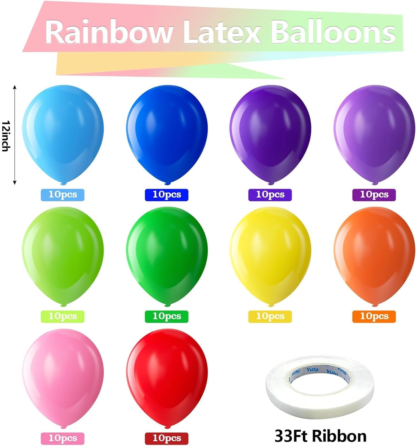 Bezente Assorted Rainbow Latex Balloons, 100 Pack 12 inch Round Helium Bright Co...