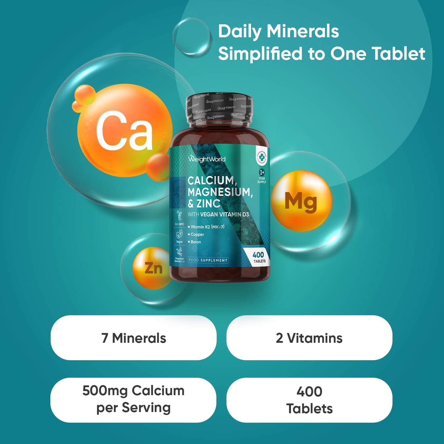 WeightWorld Calcium, Magnesium, Zinc and Vitamin D Supplement | 1+ Year Supply |...
