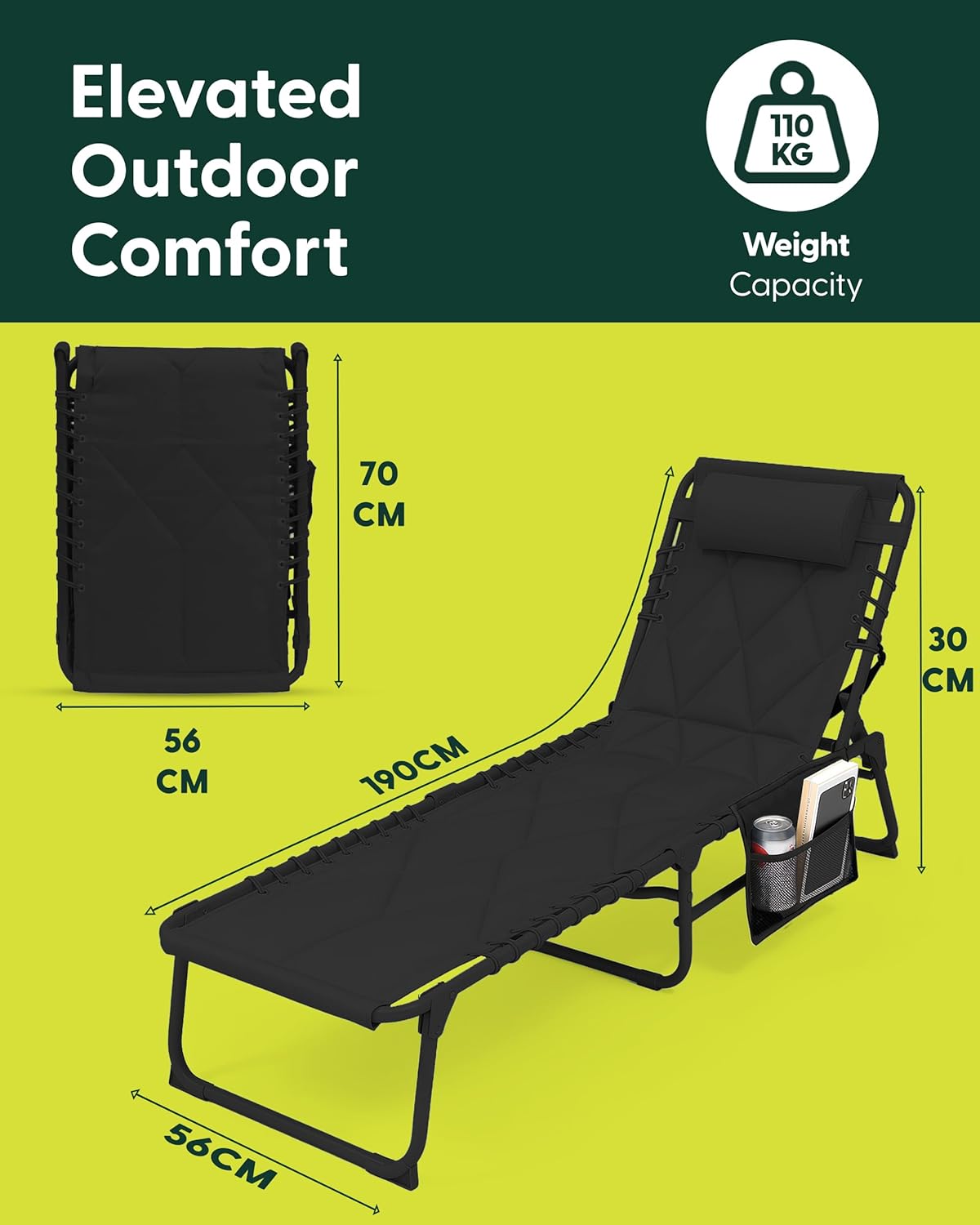 KEPLIN Foldable Sun Lounger Chair - Padded Diamond Outdoor Garden Recliner, 4 Po...