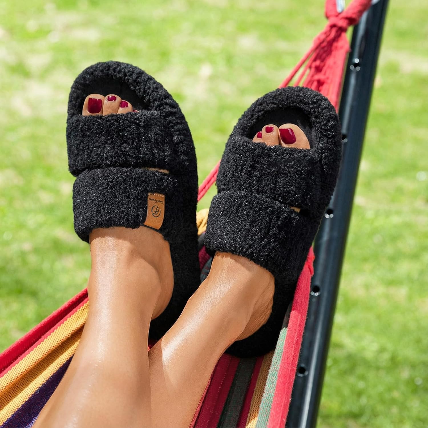 EverFoams Womens Fuzzy Open-toe Slippers Soft Comfy Memory Foam Indoor House Sho...