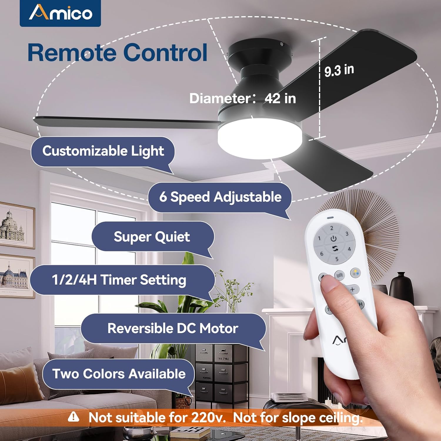 Amico Ceiling Fans with Lights, 42 inch Low Profile Ceiling fan with Light and R...