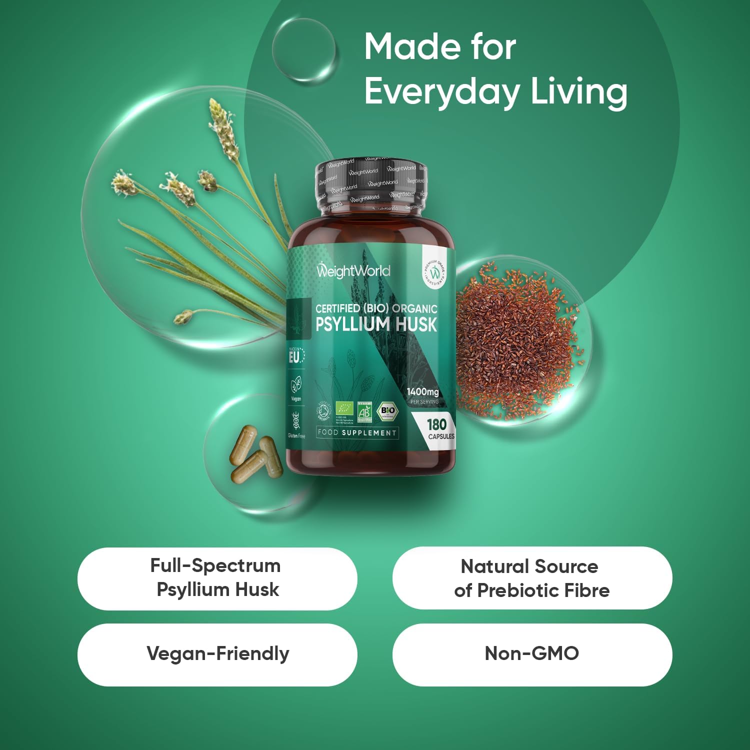 Organic Psyllium Husk 1400mg - Natural Soluble Fibre - Soil Association Certifie...