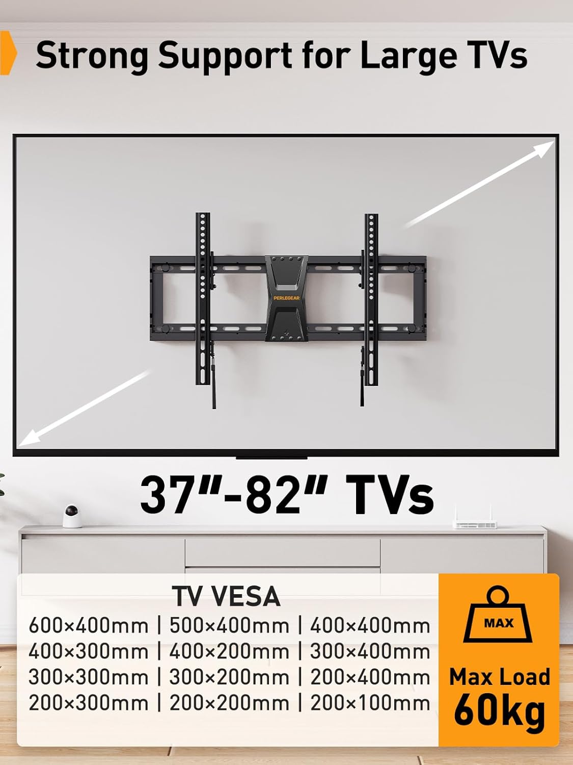 Perlegear TV Wall Bracket for Most 37–82 inch LCD LED 3D Plasma TVs up to 60kg,...