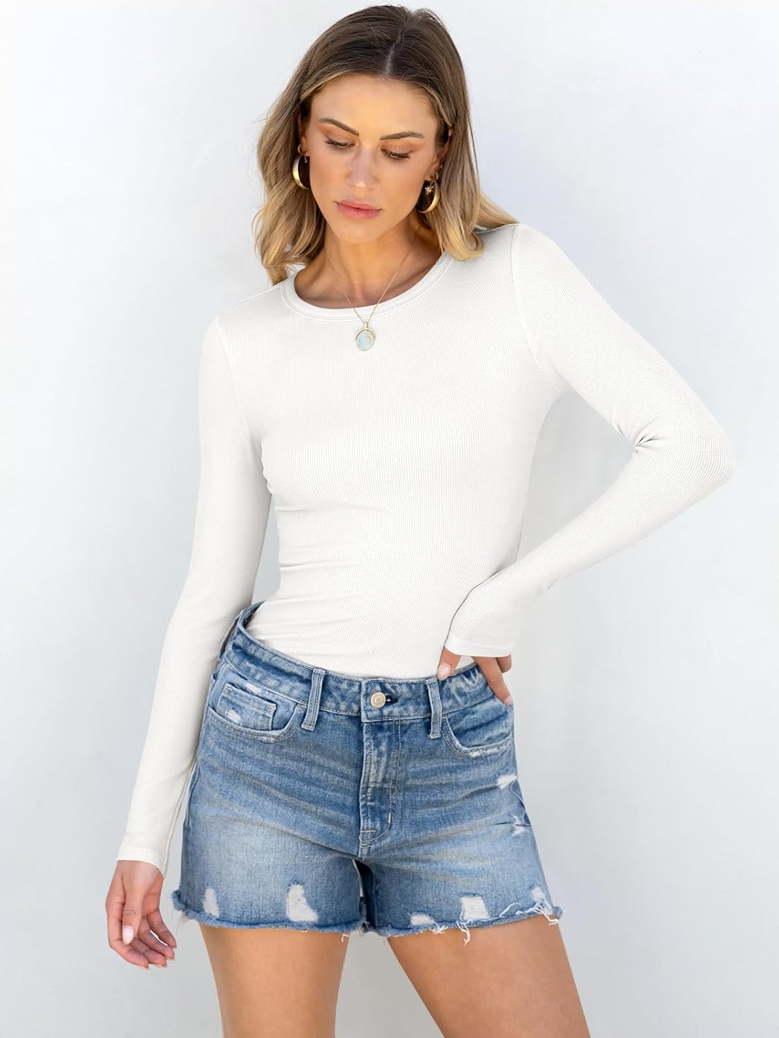 ANRABESS Women Long Sleeve Shirts Rib Knit Slim Fit Tops Basic Tee 2025 Fall Out...