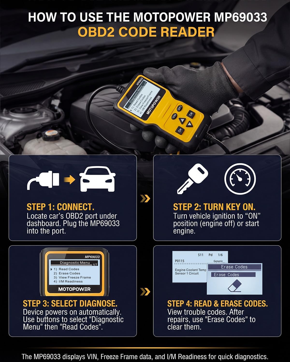 MOTOPOWER MP69033 OBD2 Scanner Universal Car Engine Fault Code Reader, CAN Diagn...