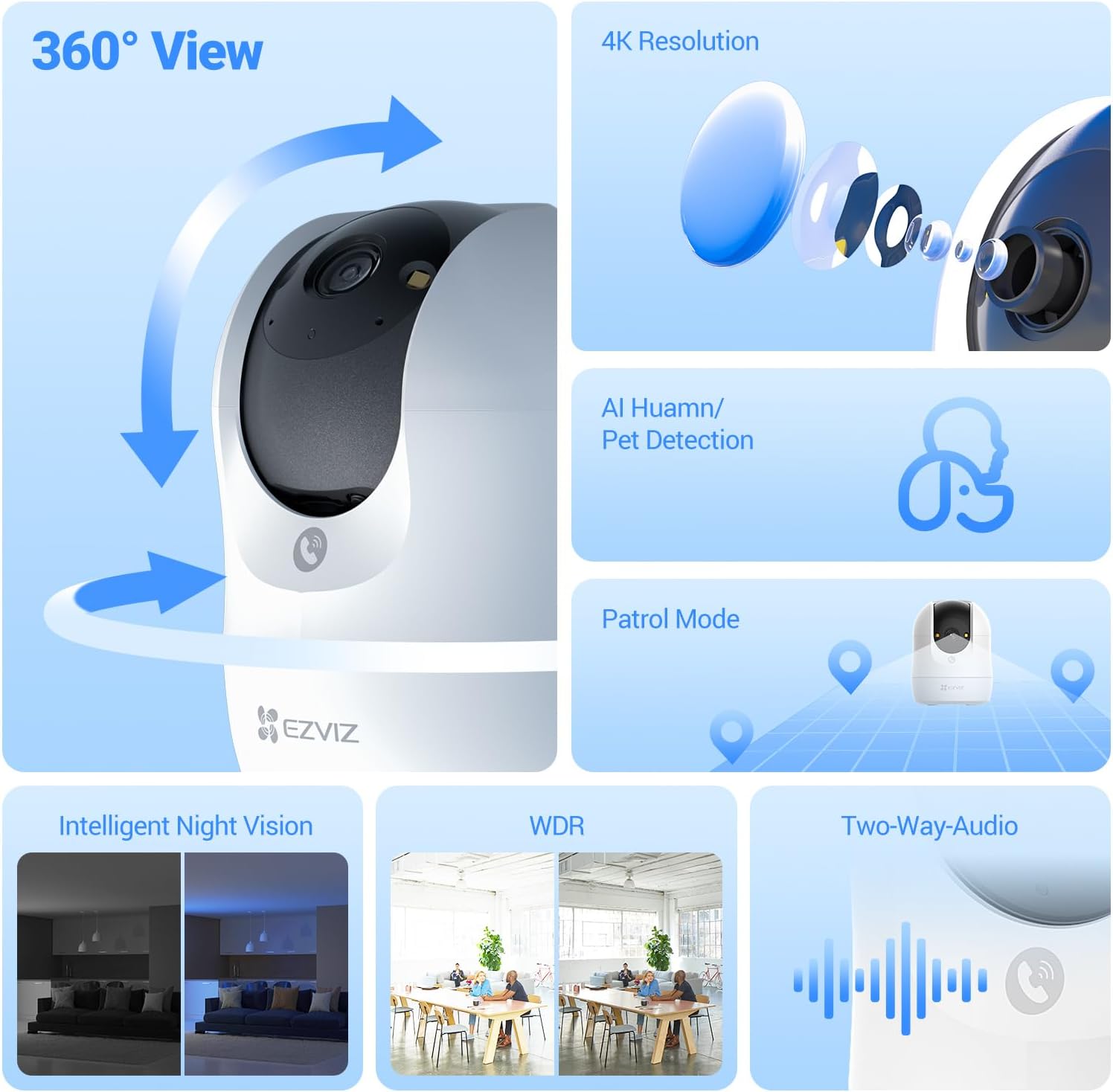 EZVIZ 4K WiFi Indoor Camera Wired, 360°, Call-Button, Colour Night Vision, Two-W...