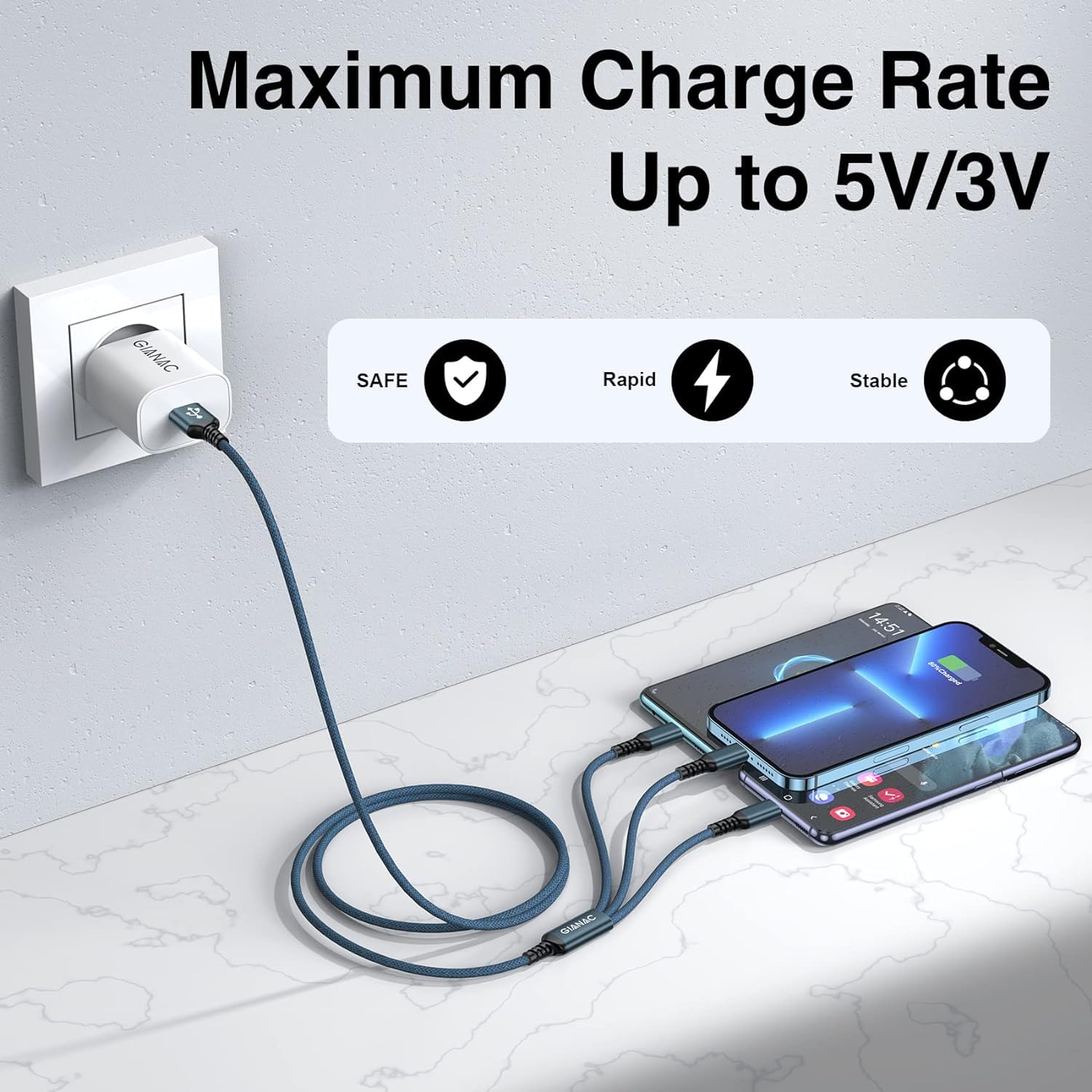 Multi Charger Cable [3Pack 1.2M] 3 in 1 Micro USB Type C Lightning Connector for...