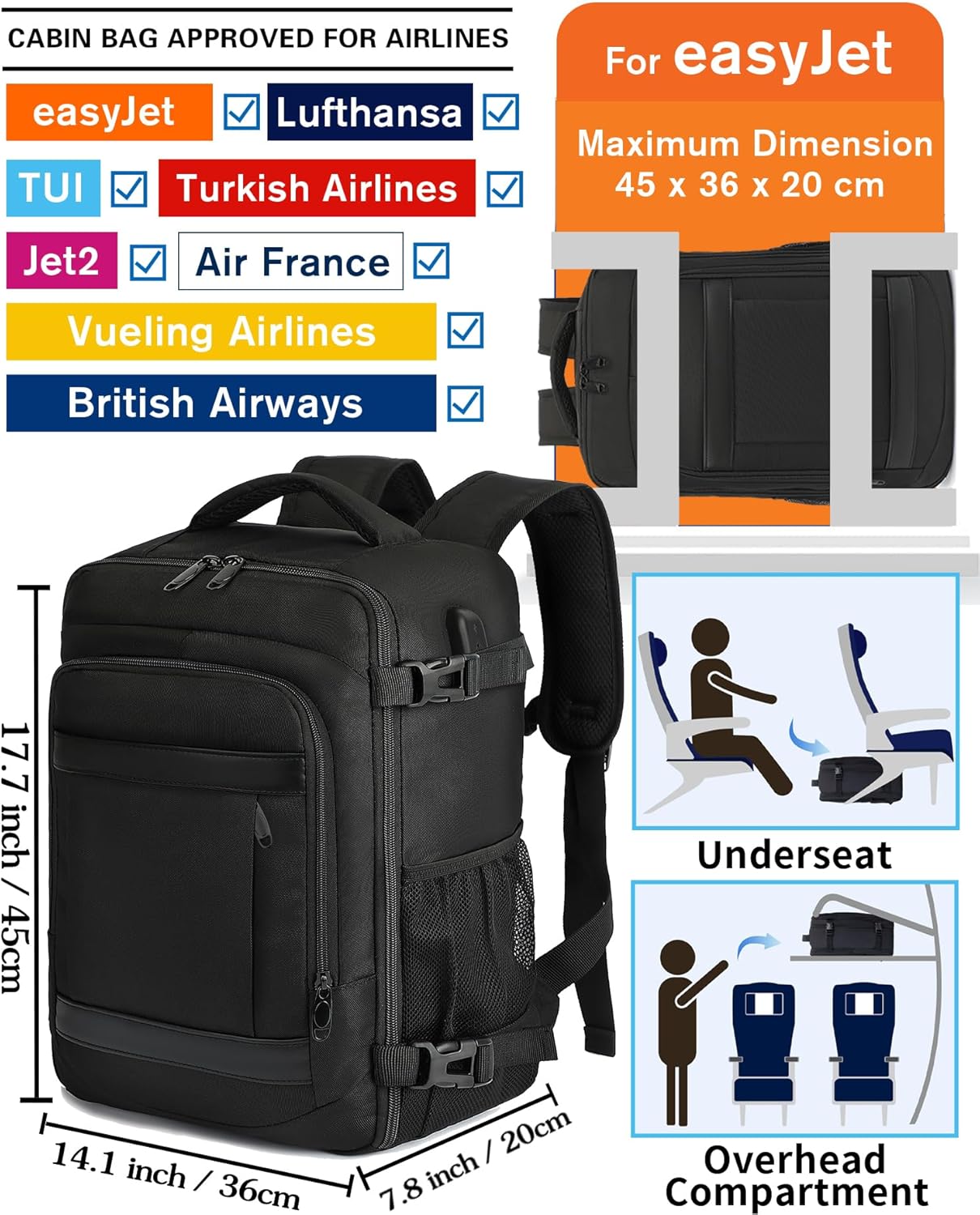 KLOSTAIN for Easyjet Cabin Bag 45x36x20 Travel Backpack Hand Luggage Carry-ons B...