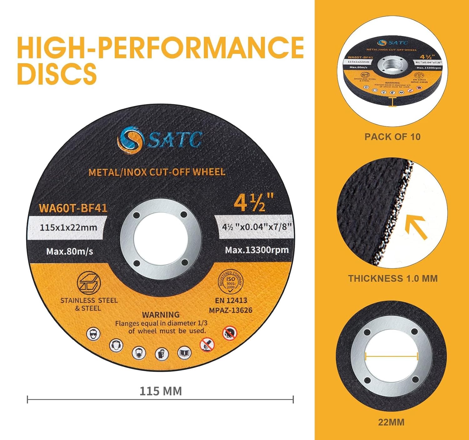 High-Quality SATC 115mm Cutting Discs, Durable Angle Grinder Discs Set of 10, Ul...