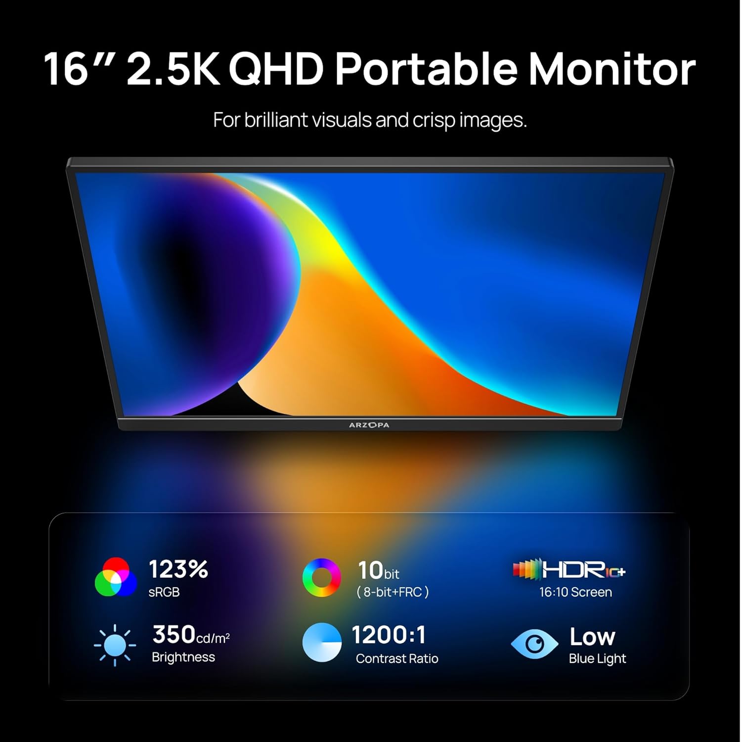 ARZOPA 2.5K Portable Monitor, 16 Inch 2560x1600 HDR 350nits 8bit QHD USB-C HDMI...