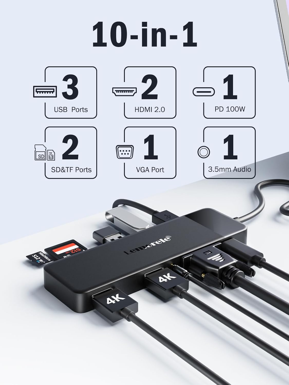 Docking Station USB C Hub 3*Display- 10 in 1, Lemorele USB C Dock 2*HDMI Adapter...