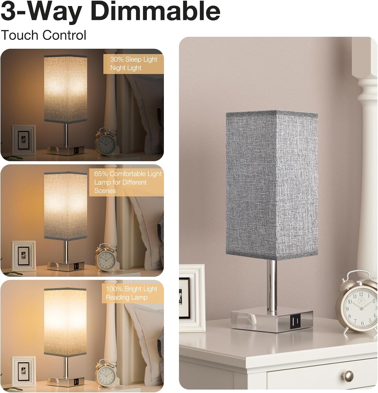 Aooshine Touch Bedside Lamps, Touch Control Table Lamp with USB A+C Charging Por...