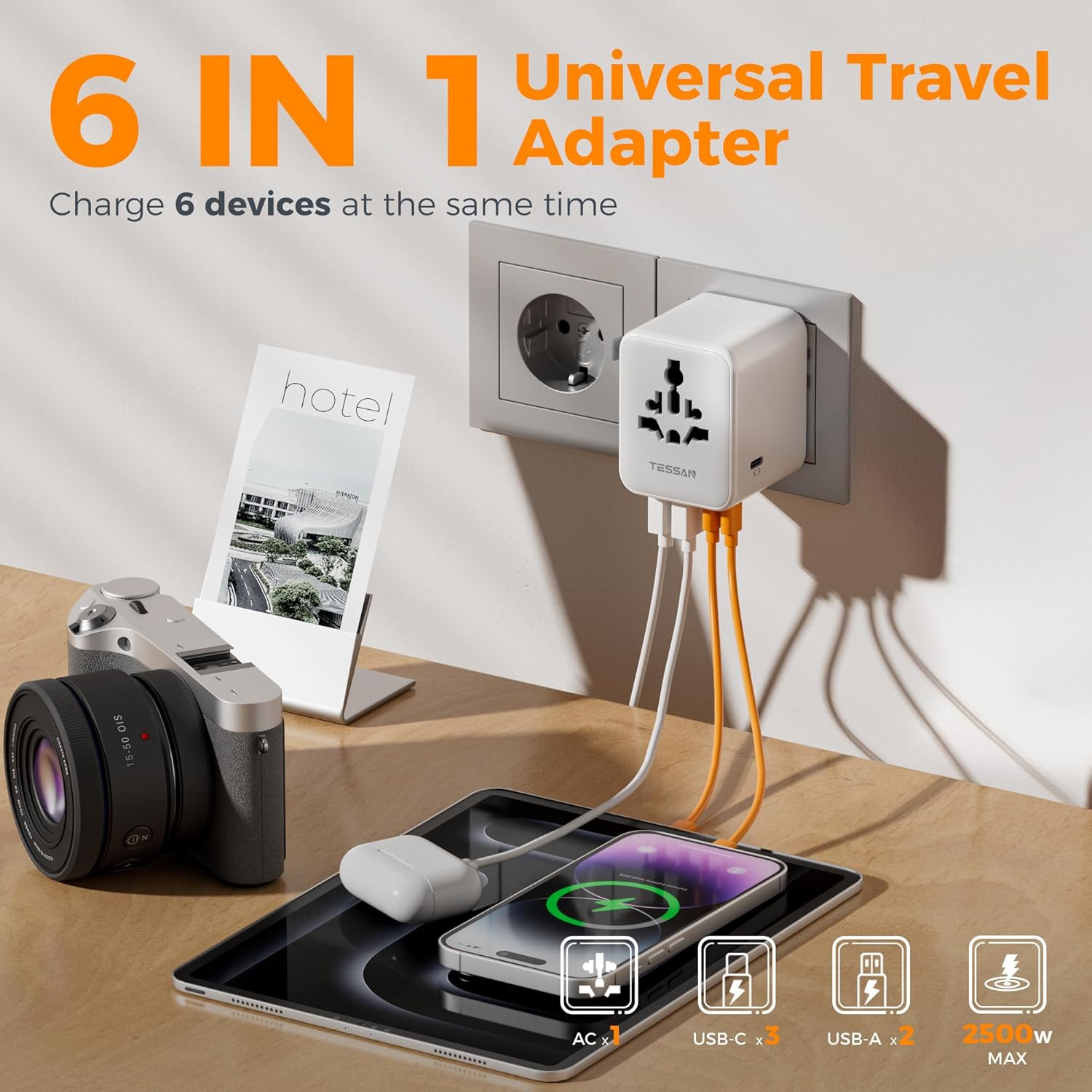 TESSAN Universal Travel Adapter 28W, Worldwide Plug Adaptor with 2 USB A and 3 U...