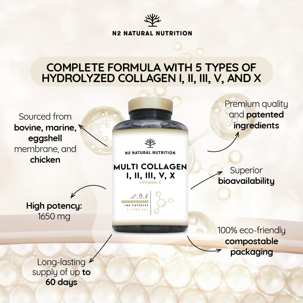 Multi Collagen 1650mg Type I, II, III, V, X. Bovine & Marine Collagen Peptides....