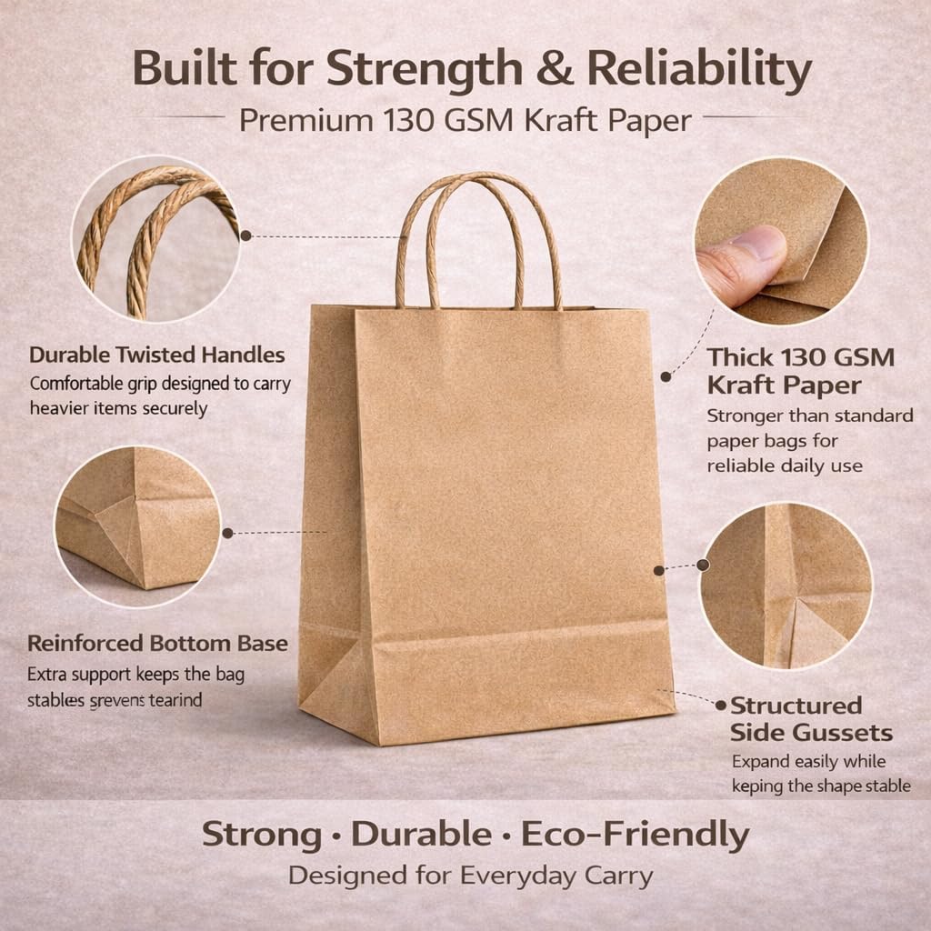 HURUC 50 Pcs Brown Paper Bags With Handles,130GSM, Small Paper Gift Bags, Eco-Fr...