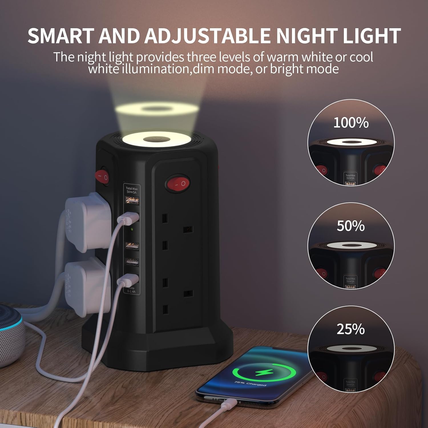 Tower Extension Lead with USB Slots and Night Light, (13A 3250W)5 USB Ports & 8...