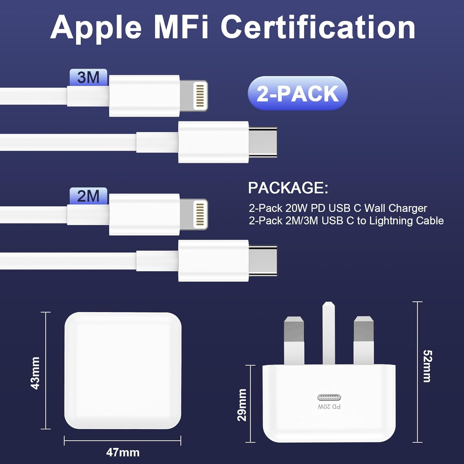 for iPhone Charger Fast Charge, 2Pack PD Fast Apple Charger UK USB C Plug With 2...