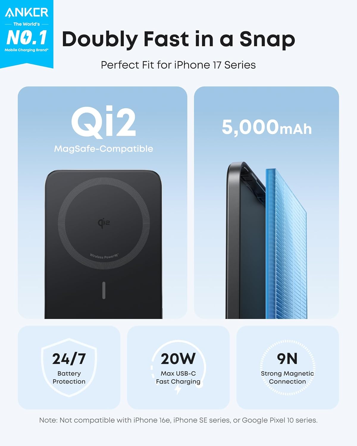 Anker Nano Power Bank, Ultra-Slim 5,000mAh Magnetic Wireless Portable Charger, Q...