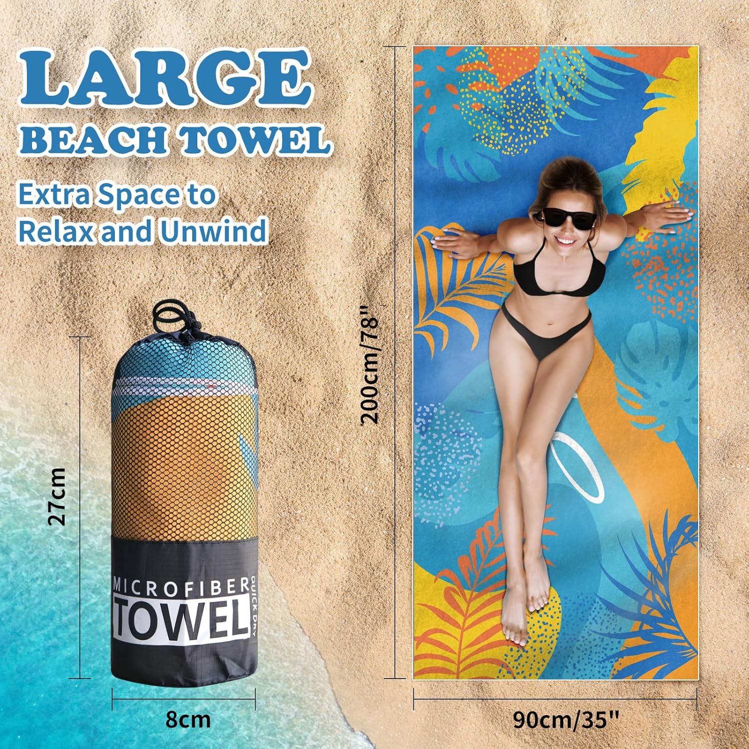 Premium Microfibre Beach Towels, Stylish Beach Towels for Adults, Unique 200x90c...