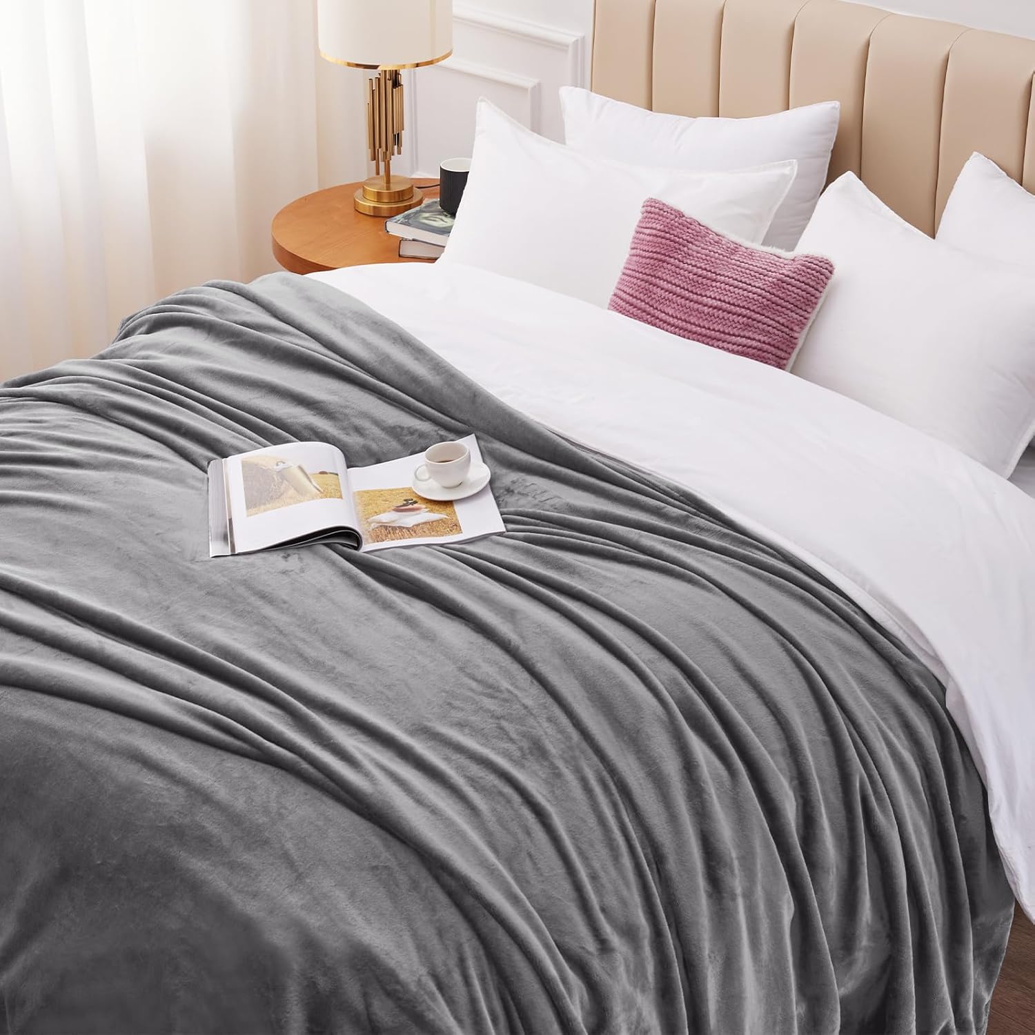 WAVVE Fleece Blanket King Size XXL Gray 7.5ft x 9ft - Fluffy Soft Warm Versatile...