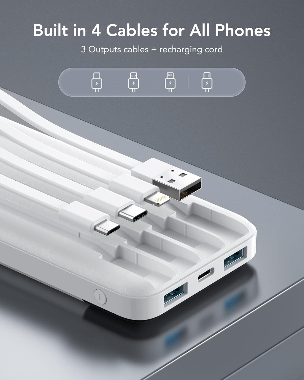 Charmast Power Bank with Built in Cables X 4, 10000mAh USB C Battery pack 6 Outp...