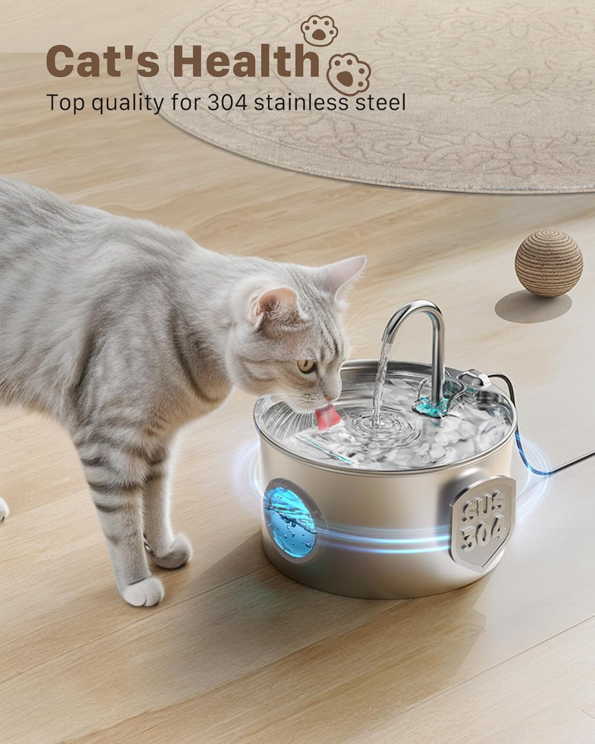 Cat Water Fountain for Drinking: Stainless Steel Cat Fountain - 2.2L Water Fount...