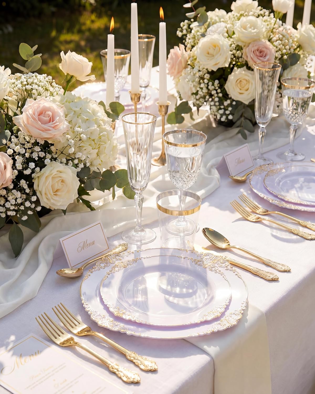 Nervure 350PCS Gold Plastic Plates - Gold Plastic Dinnerware Sets for 50 Guests...