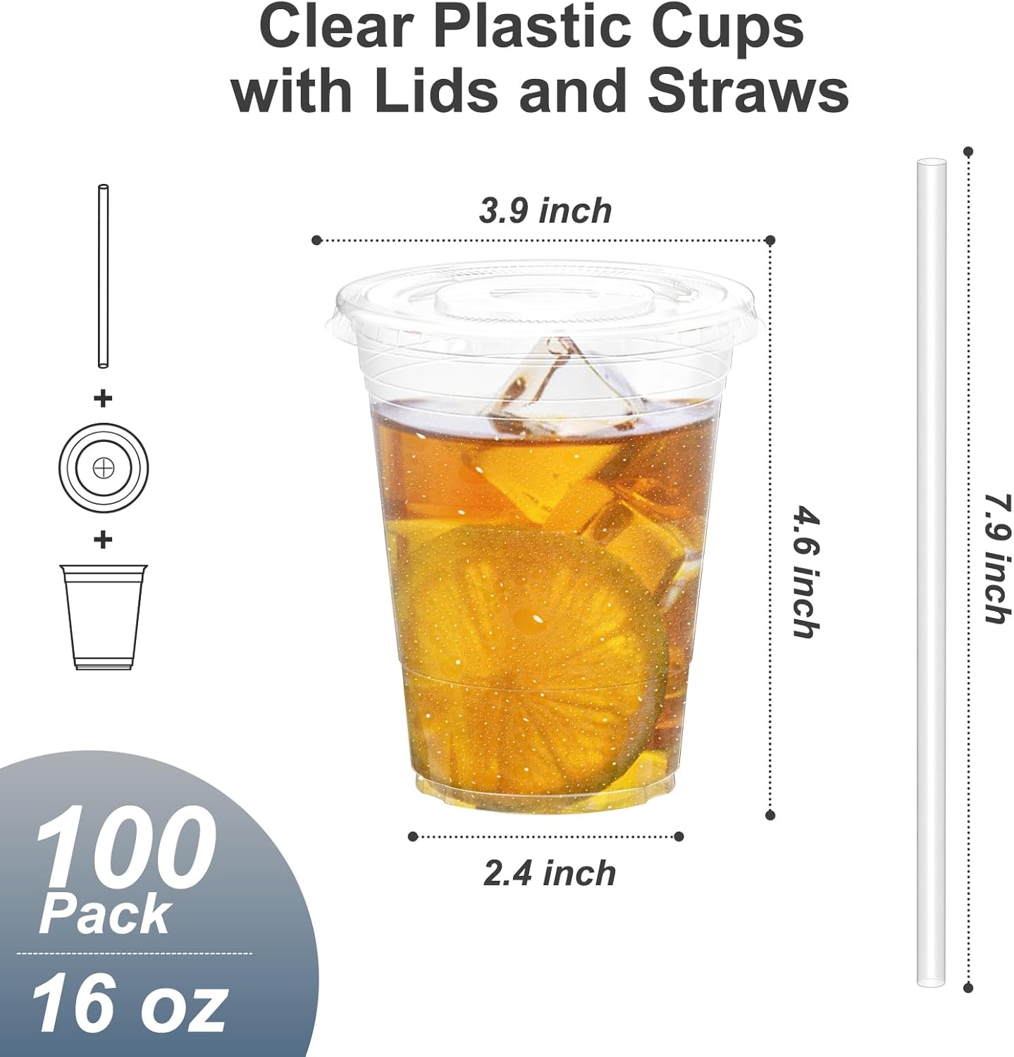 Dealusy 100 Pack - 16 oz Clear Plastic Cups with Lids and Straws, Sturdy & Food...
