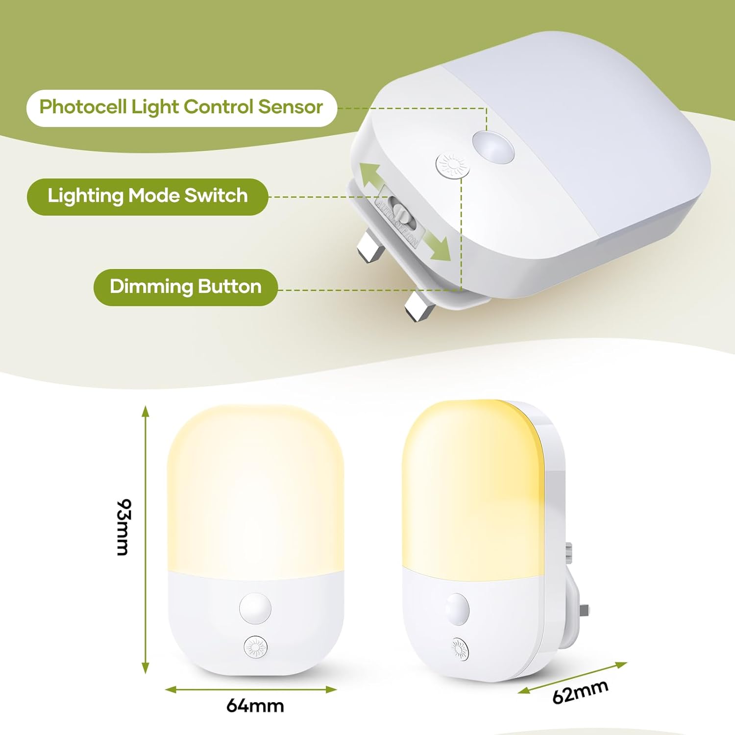 2 Pack Plug in Night Light with Dusk to Dawn Photocell Sensor, 5 Adjustable Brig...