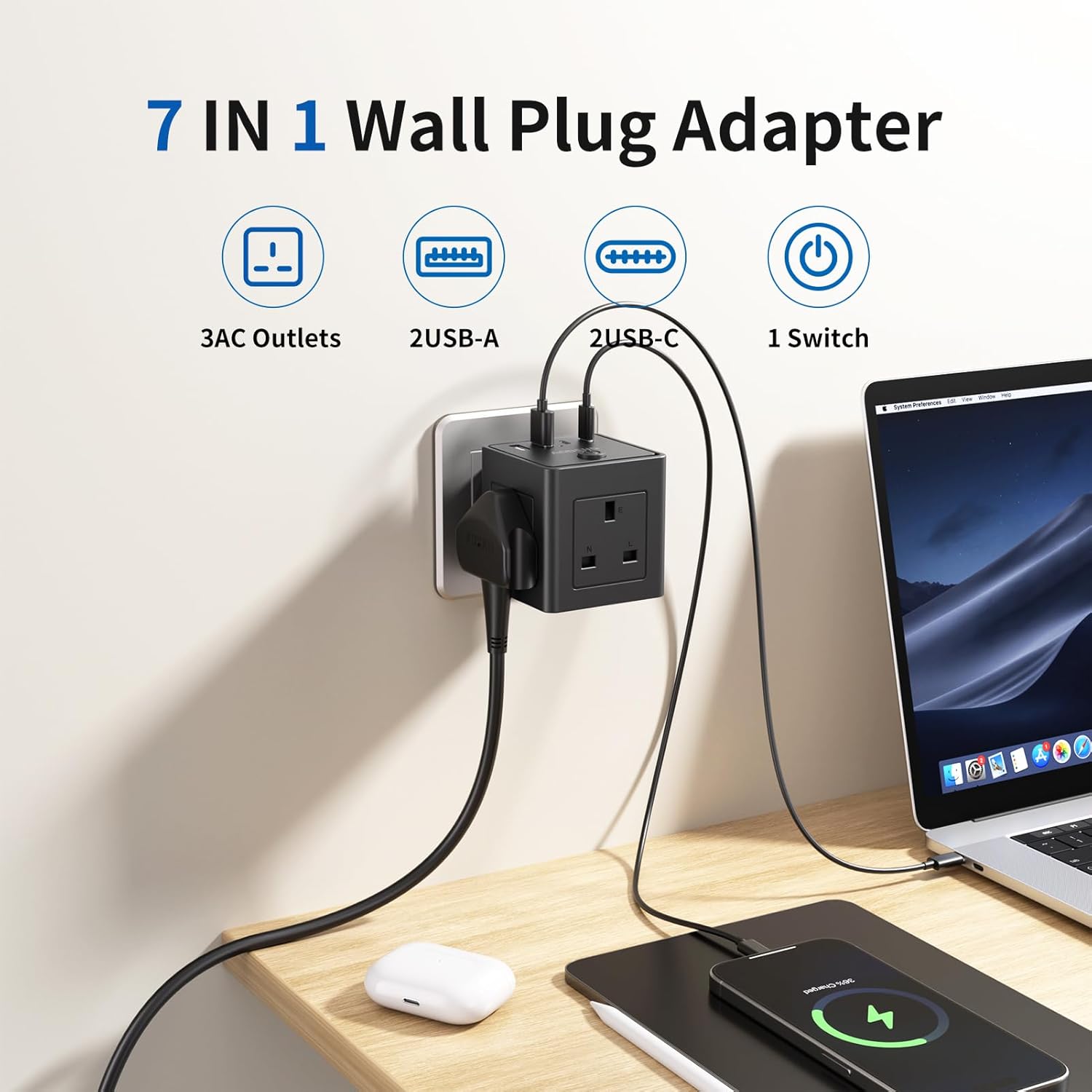 High-Quality Plug Extension Socket, Innovative Multi Plug Adapter with 4 USB for...