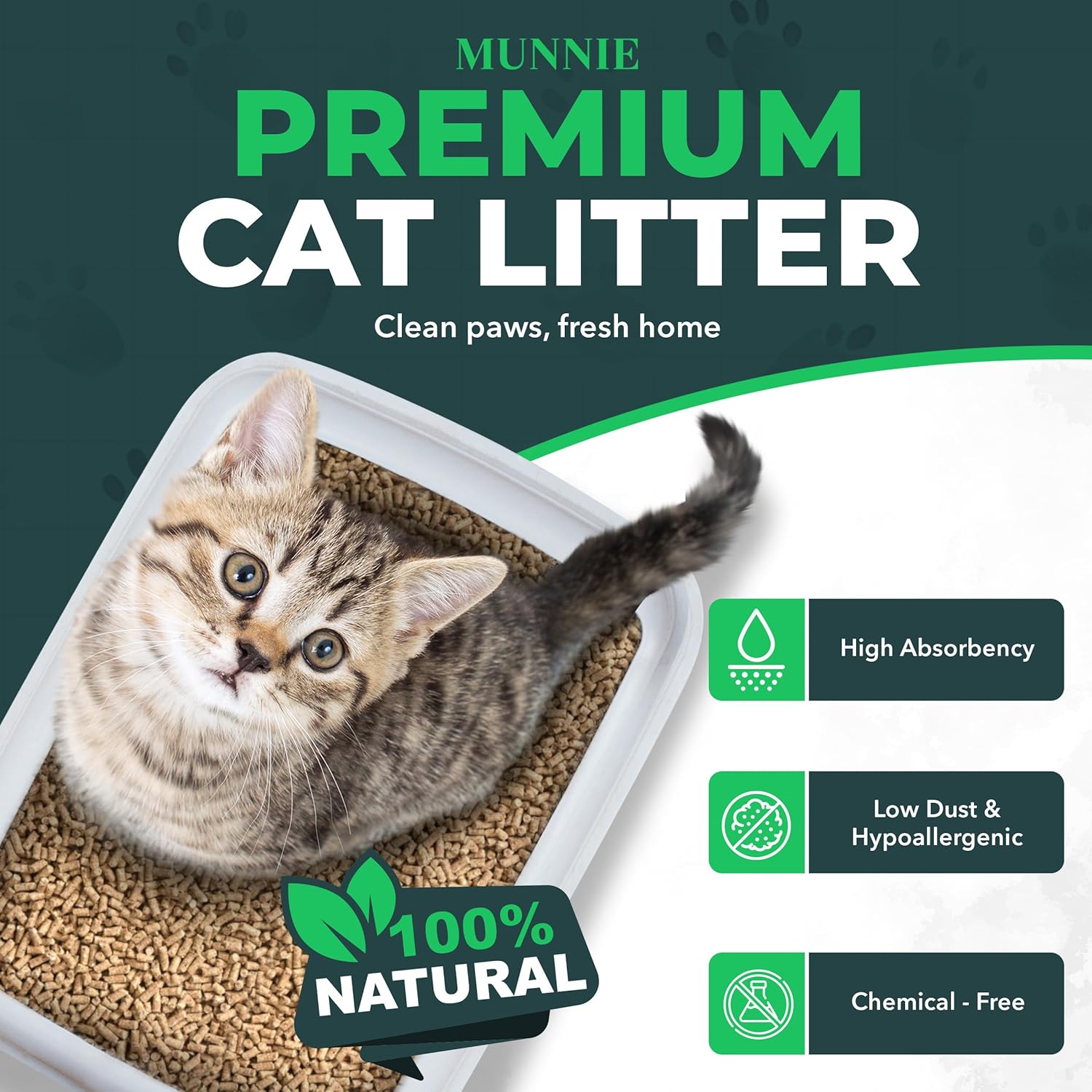 Munnie Cat Litter 30L – Biodegradable, Dust-Free, Unscented, Ultra-Absorbent Woo...