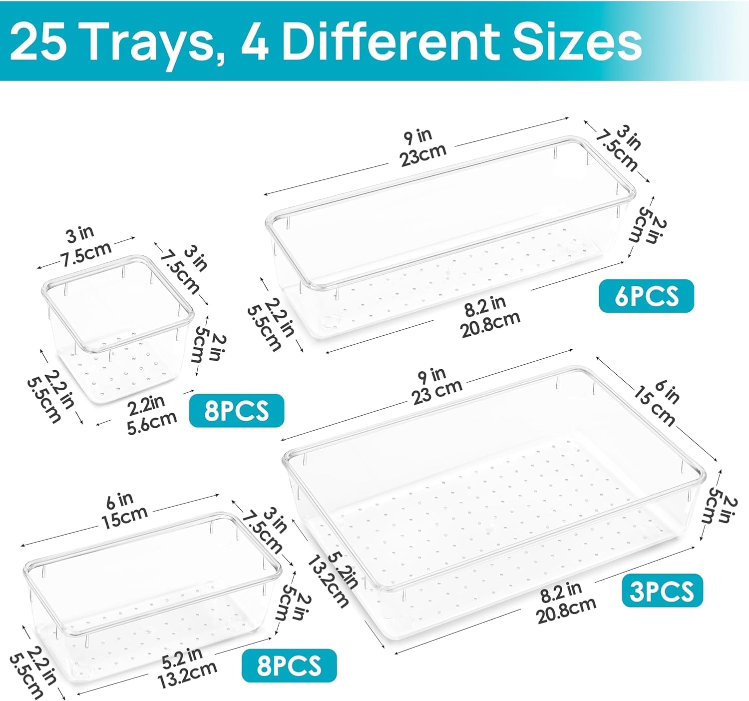 Vtopmart 25 Pack Drawer Organiser, 4-Size Makeup Organizer Trays for Vanity, Bat...