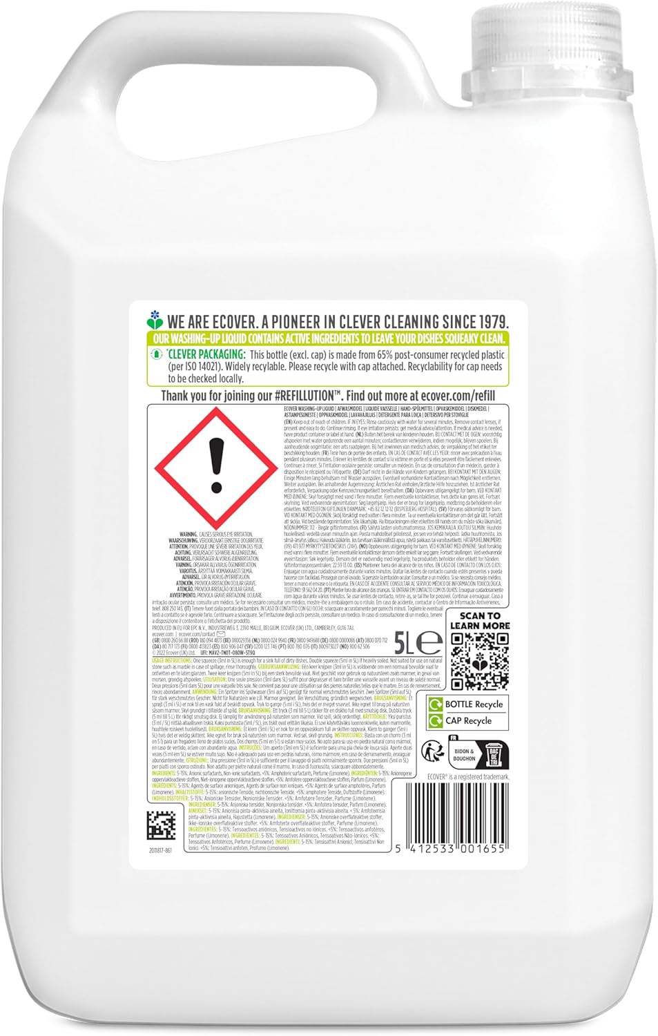 Ecover Washing Up Liquid Refill, Lemon & Aloe Vera, 5L Lemon 5 l (Pack of 1)