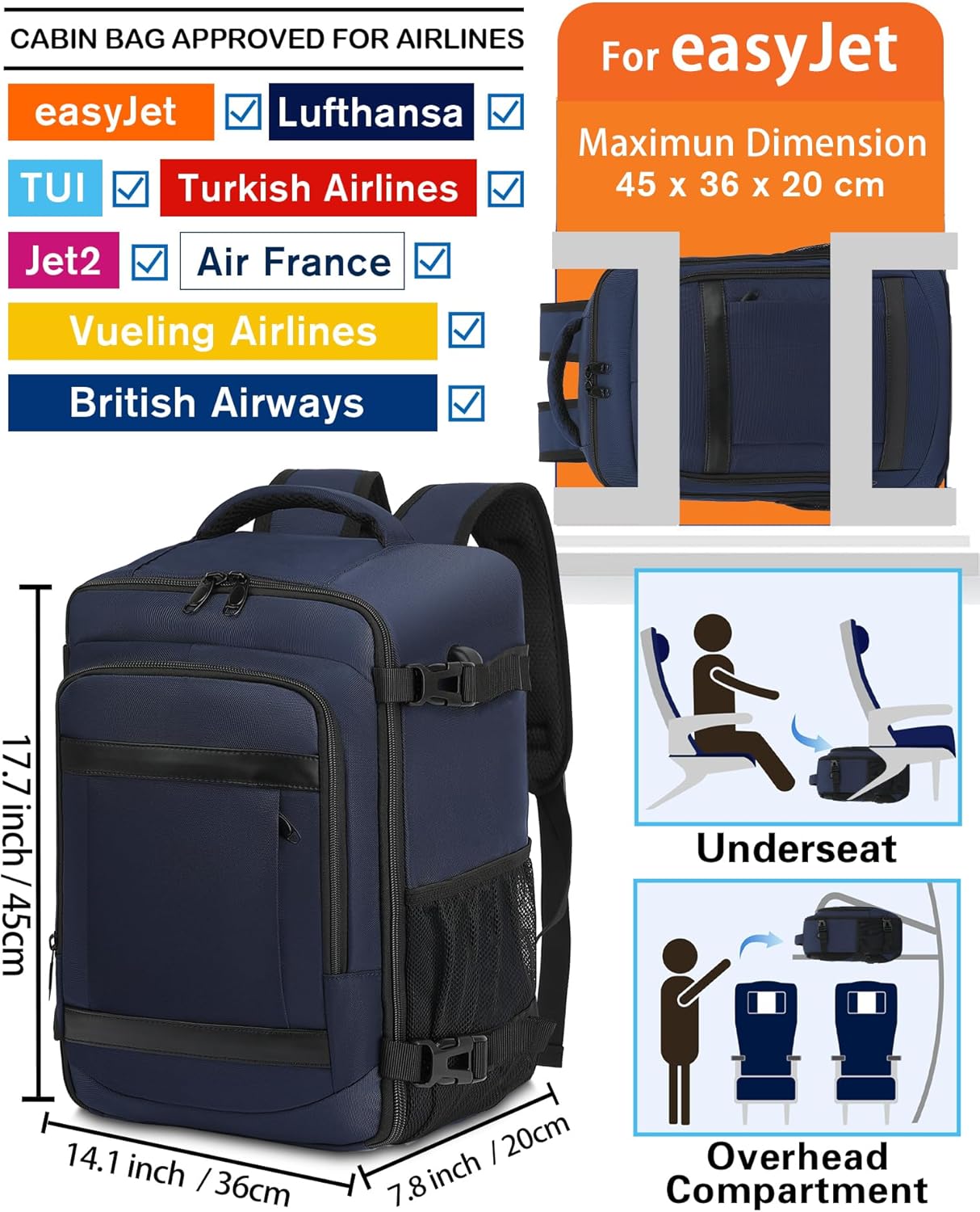KLOSTAIN for Easyjet Cabin Bag 45x36x20 Travel Backpack Hand Luggage Carry-ons B...