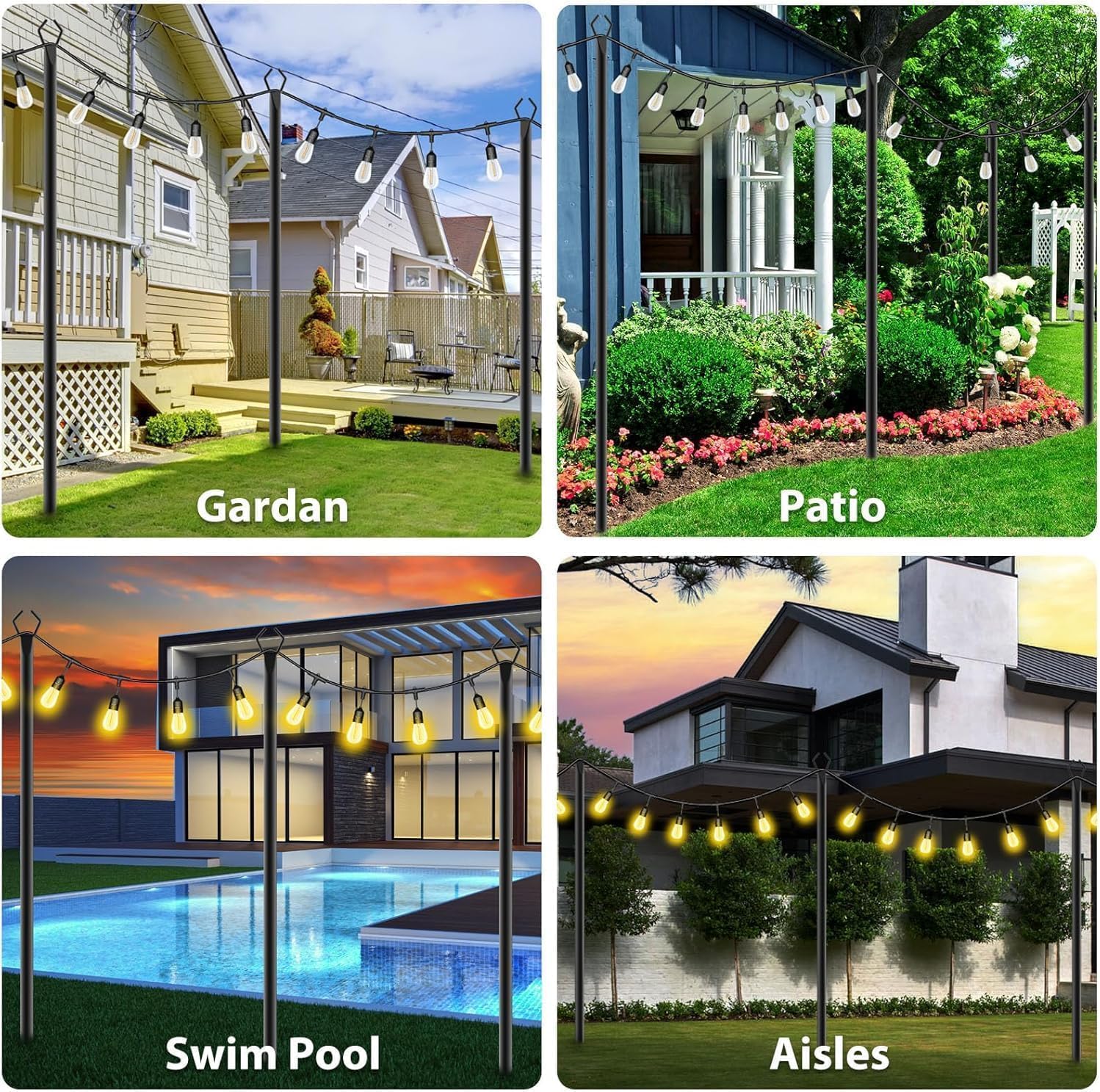AILBTON 10Ft String Light Poles 4 Pack,Light Poles for Outside Lights,Outdoor wi...