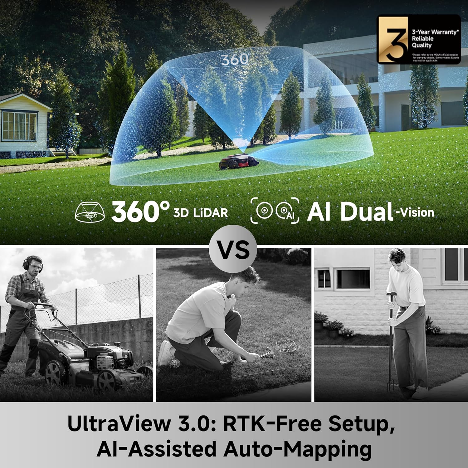 MOVA LiDAX Ultra 3000 AWD Robot Lawn Mower Wire Free RTK Free for up to 0.75 Acr...