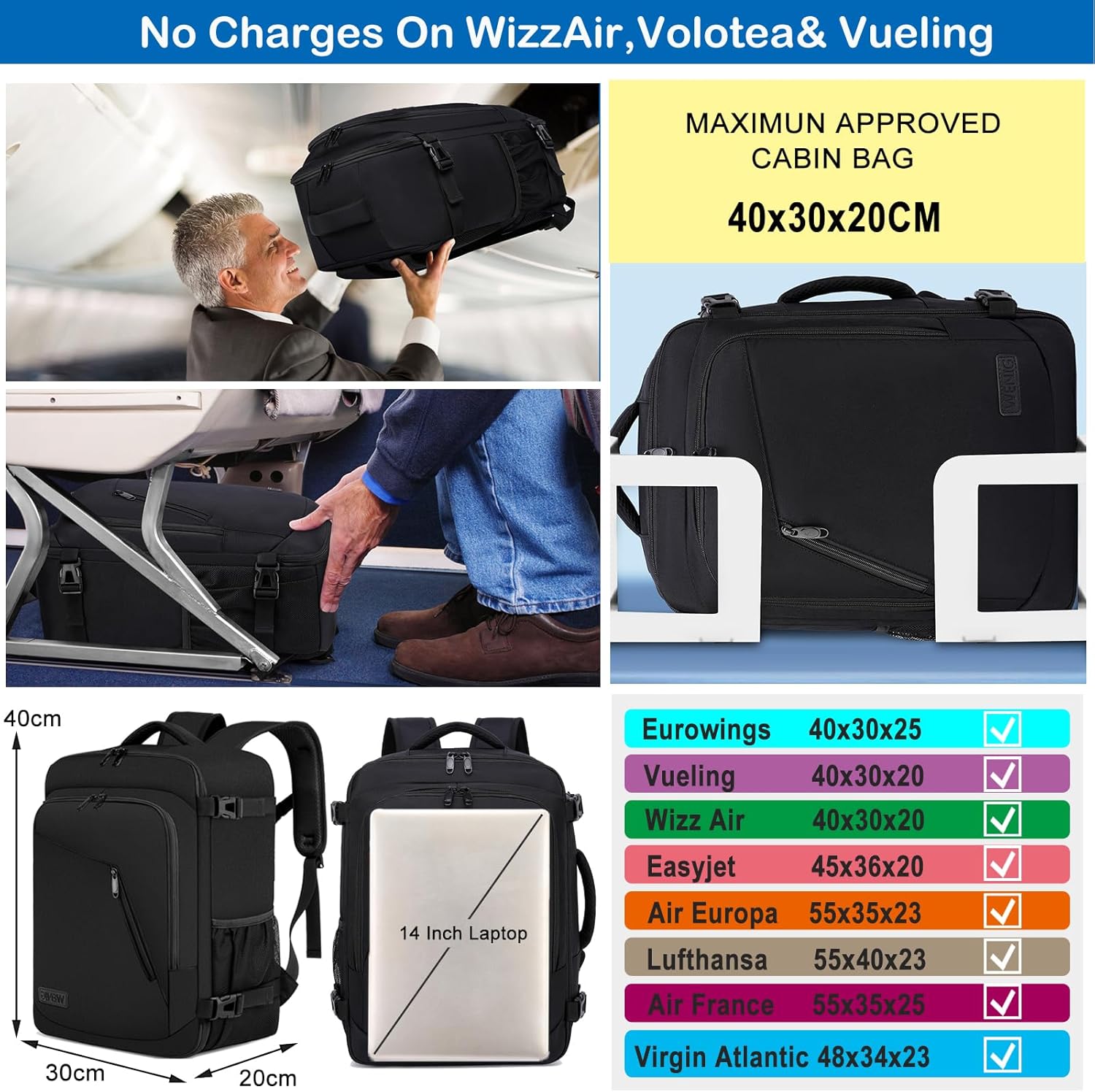 WENIG Ryanair Cabin Bags 40x30x20 Underseat 24L Small Travel Backpack Cabin Size...