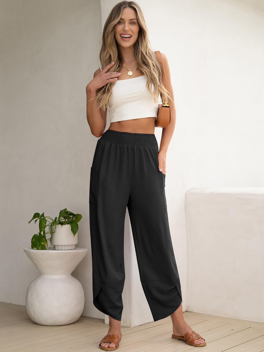 ANRABESS Womens Wide Leg Palazzo Capri Pants 2026 Summer Casual High Waisted Bar...