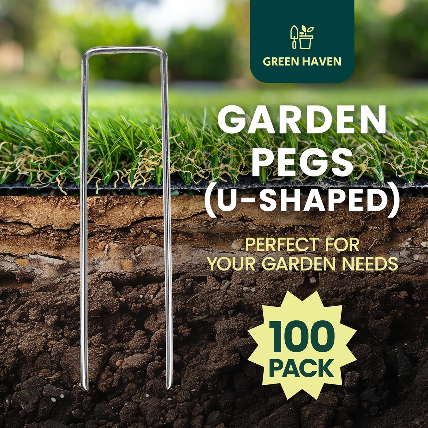 Green Haven Garden Pegs – 100 Pack Galvanised U Shaped Ground Staples – Heavy Du...