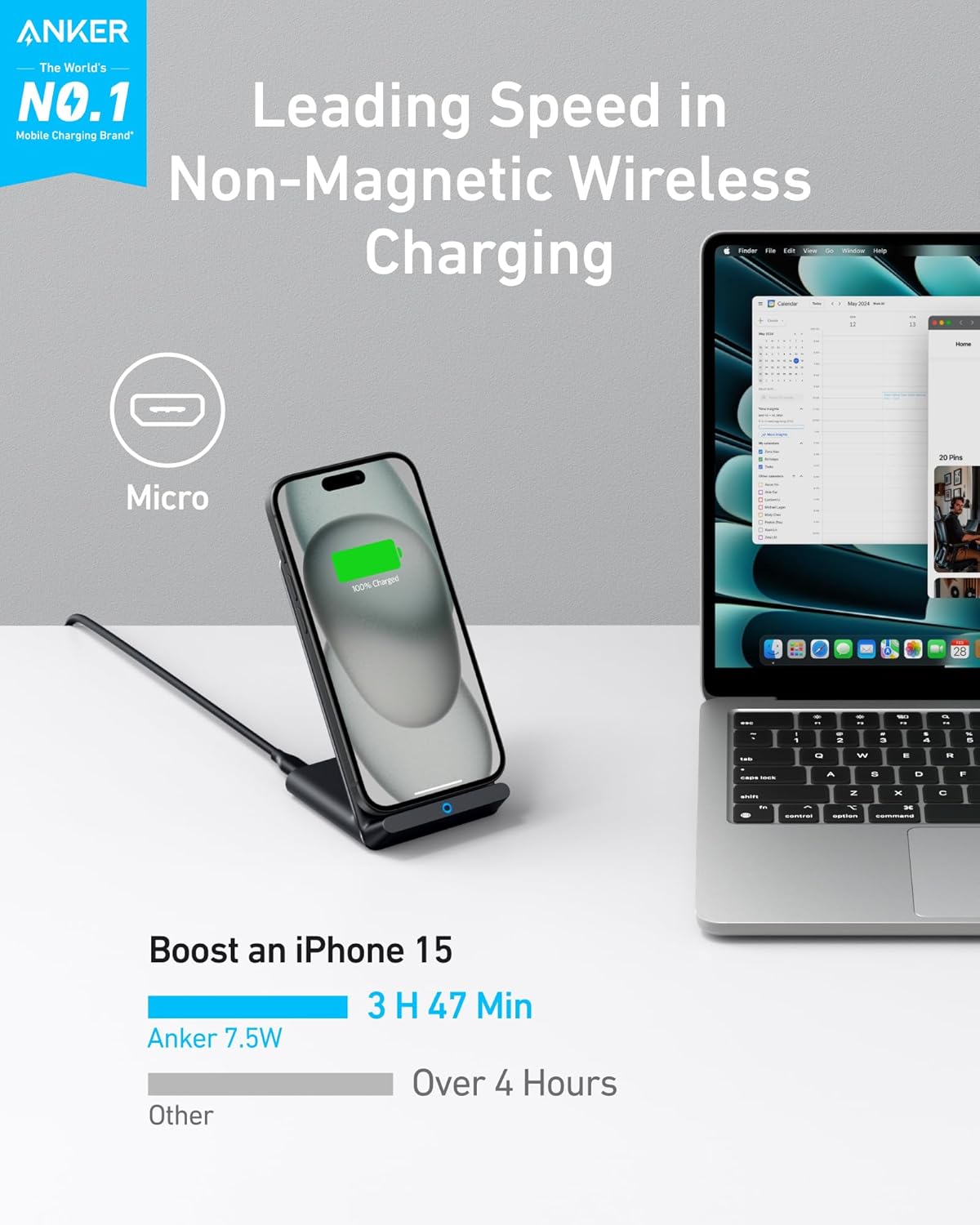 Anker Wireless Charger, PowerWave Stand, Qi-Certified for iPhone 15/14/13/12 Ser...